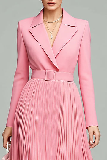 Pink A Line Long Sleeve Pleated Work Dress with Belt